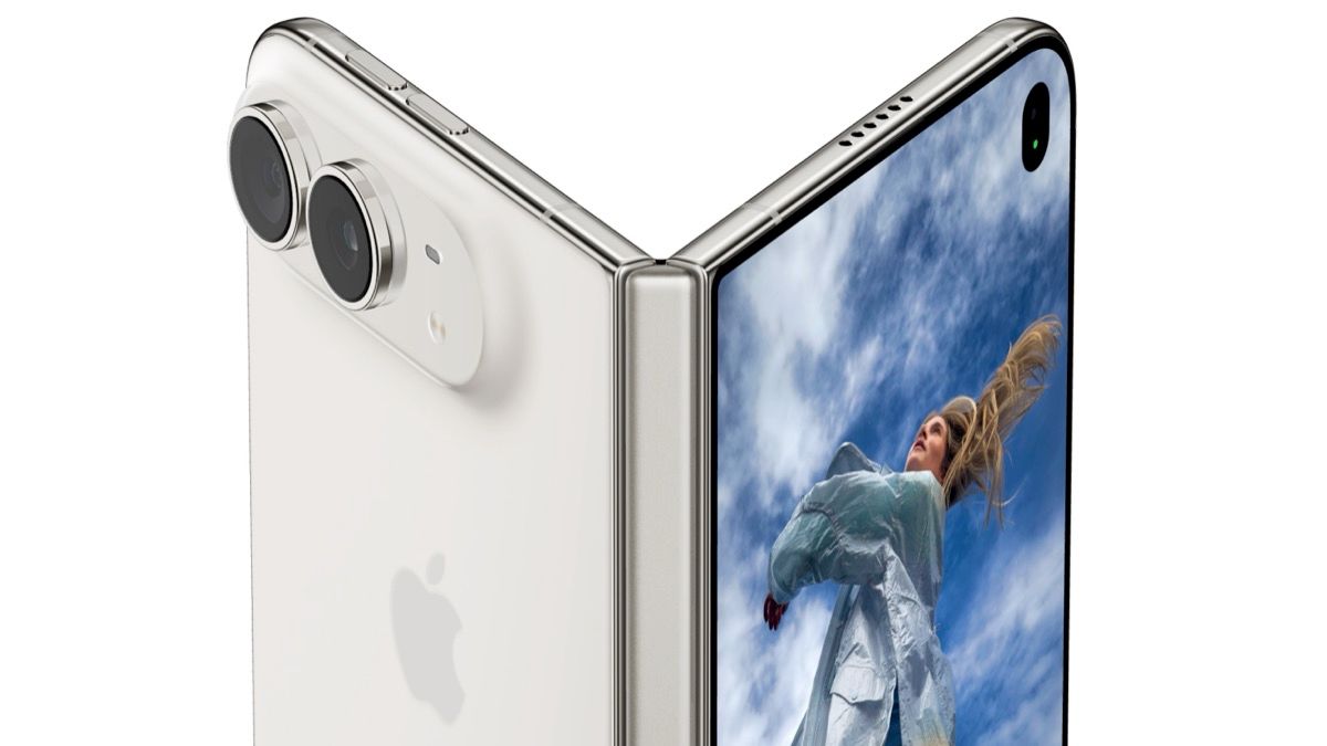 iPhone Duo entreabierto en blanco estrella: de un lado las dos cámaras traseras, del otro la pantalla de portada con la cámara en la esquina superior