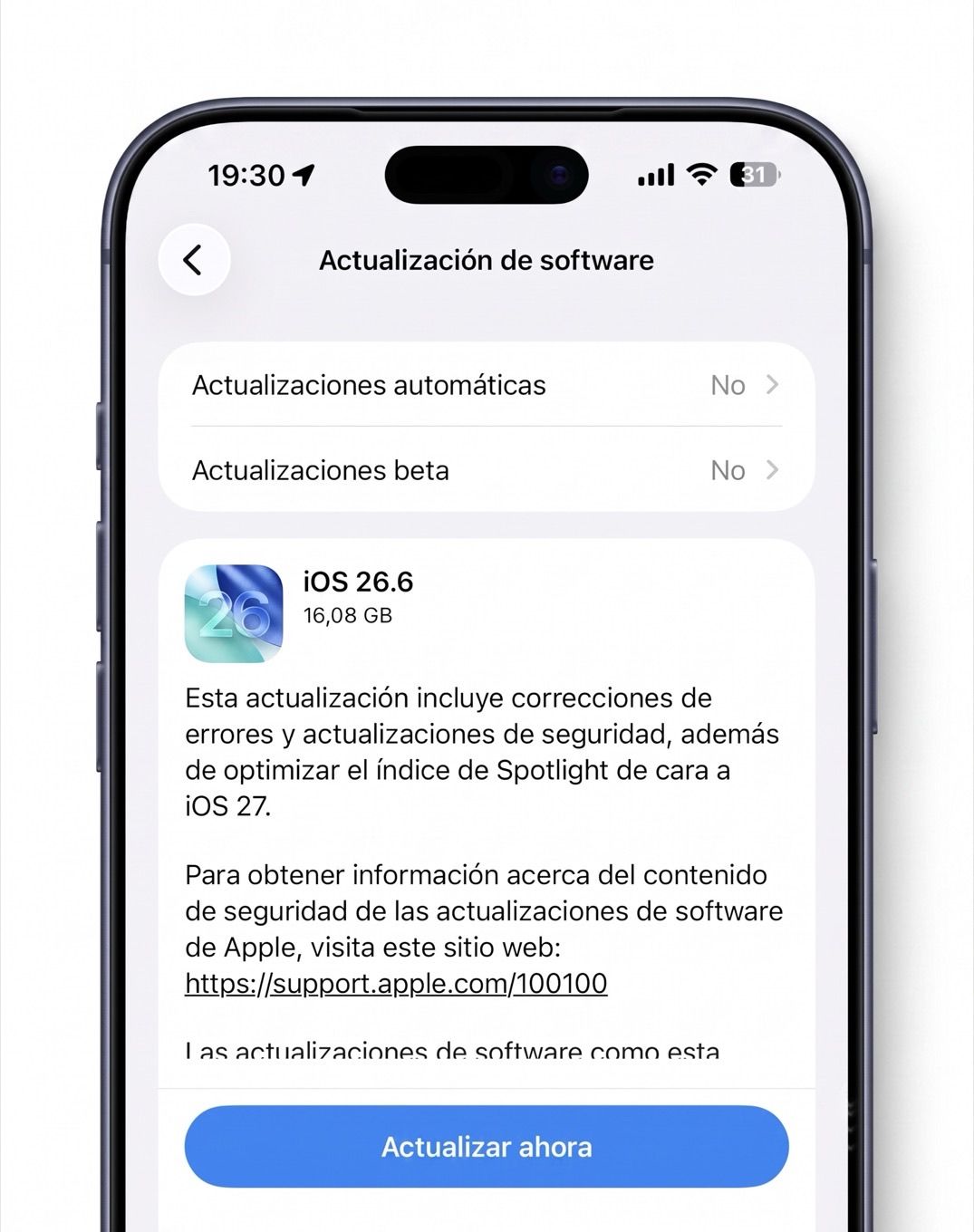 Pantalla de Actualización de Software en iOS mostrando iOS 26.6 lista para instalar
